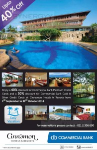 Discount upto 40% at Cinnamon Hotel & Resorts for Commercial Bank Creditcard