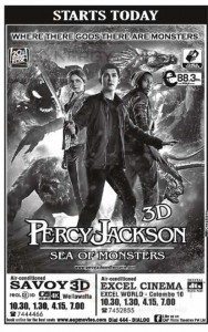 Percy Jackson Sea of Monsters 3D Now Screening in Savoy 3D & Excel Cinema