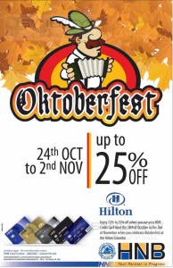 25% Off for HNB Credit card on Oktoberfest at Hilton till 2nd November 2013