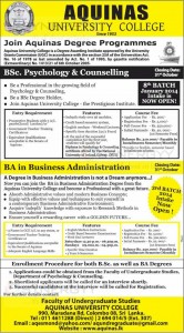 BSc Psychology & Counselling and BA in Business Administration Degree Programme from Aquinas University College –Applications opens till 31st October 2013