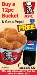 KFC Home Delivery Promotion Buy 12 Pc Bucket & get a Pepsi Free till 30th October 2013