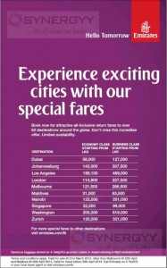Emirates Special Air fare for March 2014 and travel till end of April 2014 – Open for Booking now Now