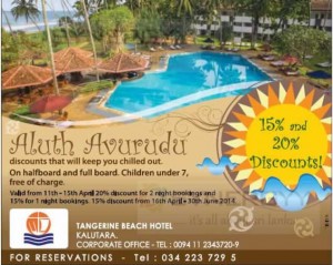 Aluth Avurudu Tangerine Beach Hotel; Discounts Upto 20% till 15th April 2014