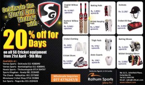 SG Cricket equipment Discounts upto 20% from 21st April - 9th May 2014 at Ralhum Sports