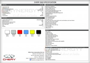 Chery QQ3 Cars now available in Srilanka for Rs. 1,875,000.00 Specifications attached below