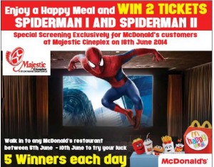 Enjoy a Happy Meal at McDonalds and Win 2 Tickets Spiderman I and Spiderman II – From 5th June to 10th June 2014