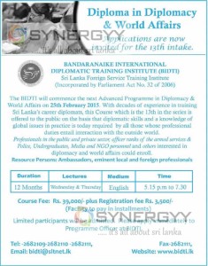 Bandaranaike International Diplomatic Training Institute (BIDTI) Diploma in Diplomacy & World Affairs - Applications is now invited for the 13th intake.