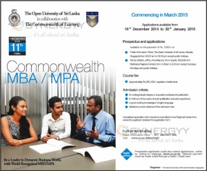 Commonwealth MBA  MPA from The Open University of Sri Lanka – Application Calls now until 30th January 2015