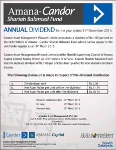 Amana- Candor Shariah Balanced Fund – Annual Dividend for Year end 2014