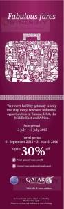 30% off from Qatar Airways Air Fares – Booking from 13th to 15th July 2015