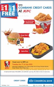 KFC Buy 1 Get 1 Free Offer for Commercial Bank Credit Card only on today – 7th July 2015