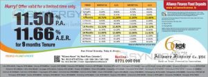 Alliance Finance – 11.5% Interest rate per Annum for 9 month Fixed Deposits