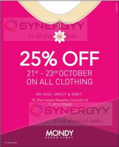 25% Off at Mondy from 21st to 23rd October 2016