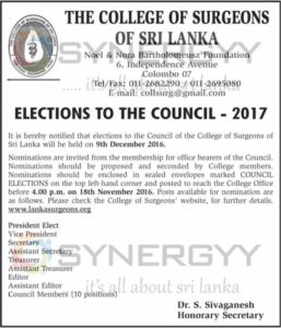 The College of Surgeons of Sri Lanka Elections to the Council - 2017