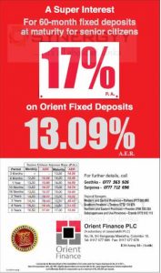 17% Interest rate for 60 Month Fixed Deposits from Orient Finance PLC