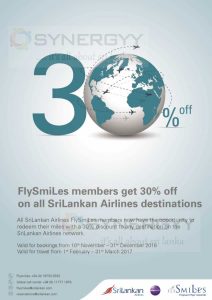 30% off from Sri Lankan Airlines for Flysmile Member