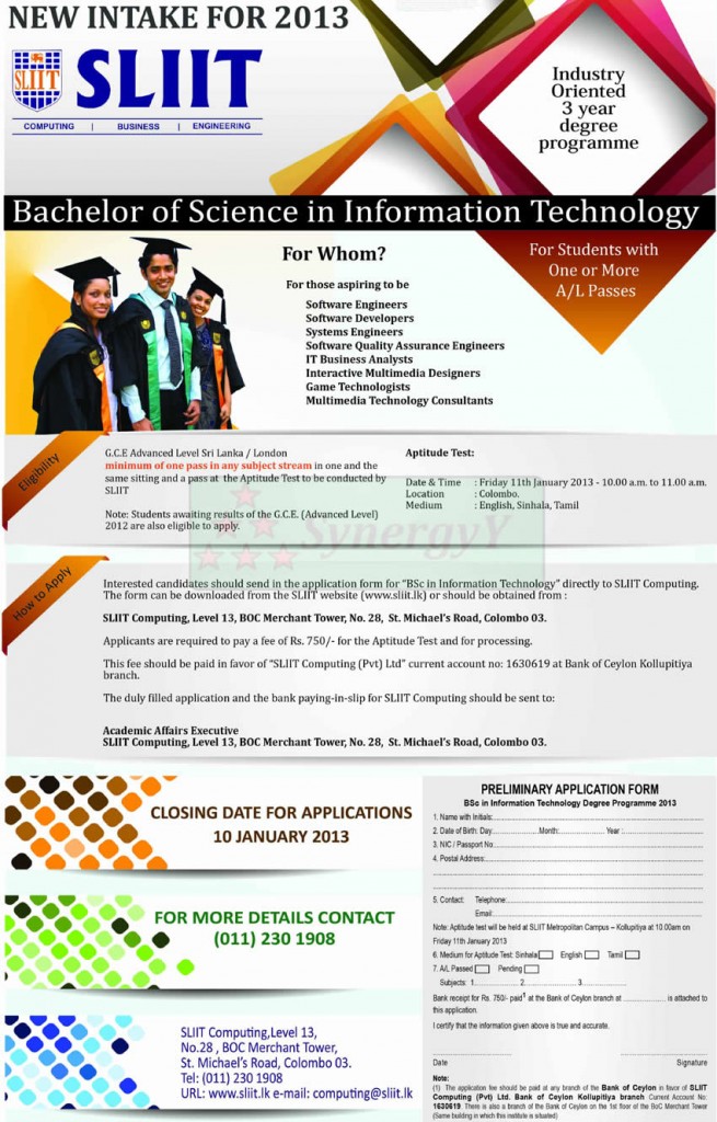 B.Sc In Information Technology – SLIIT New Intake 2013 – SynergyY