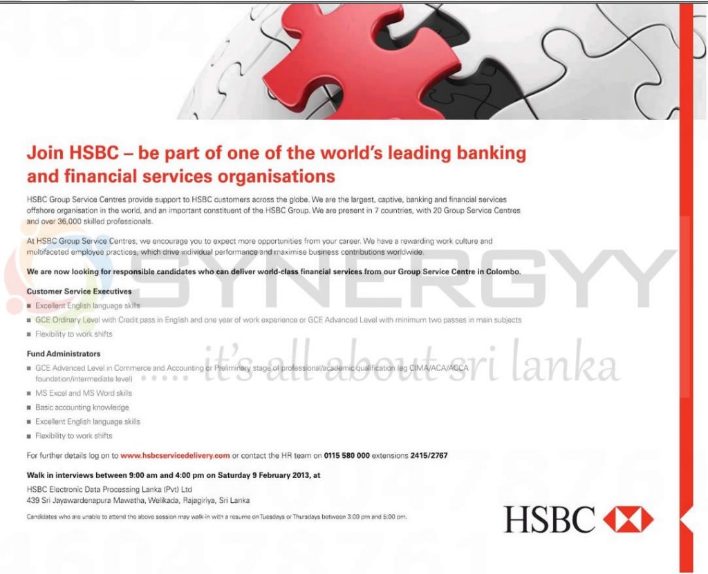 Customer Service and Fund Administrator Job Vacancies from HSBC Srilanka February 2013 SynergyY