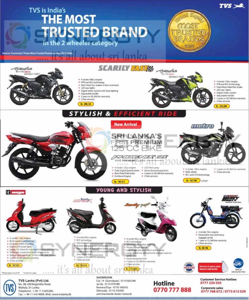 TVS Motor Cycle Prices in Sri Lanka Updated on July 2013 SynergyY