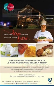 Chef Simone Gobbo Italian Menu at Pranzo Restaurant, Waters edge