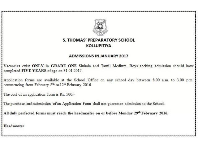 St Thomas' Preparatory School Admissions for Grade 1 in January 2017