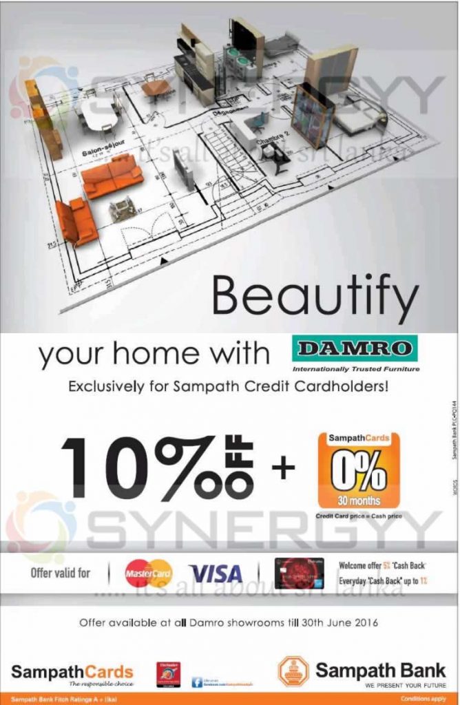 10% at Damro for Sampath Bank Credit Cards – till 30th June 2016