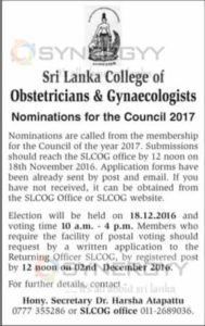 Sri Lanka College of Obstetricians & Gynaecologists - Nominations for the Council 2017
