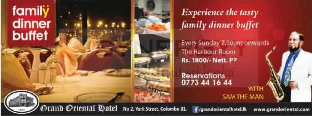 Grand Oriental Hotel Family Dinner Buffet just for Rs. 1,800.00 Per person