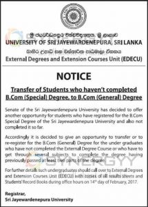 Transfer of Students who haven't completed B.Com (Special) Degree, to B.Com (General) Degree of Sri Jayewardenepura University