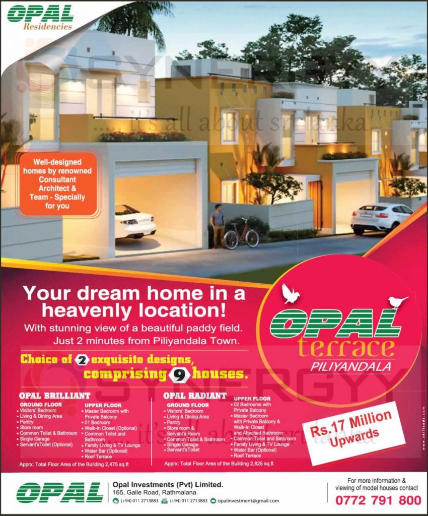 2500 Sq Ft House for Rs. 17 Million Upwards from Opal Terrace Piliyandala