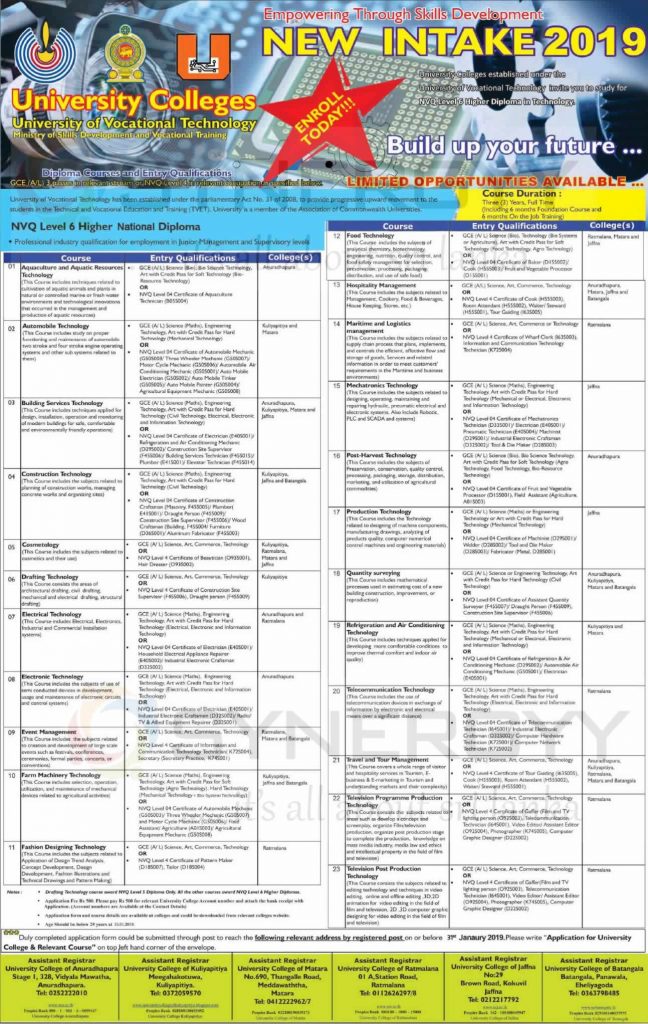 University of Vocational Technology (Technical College) Courses