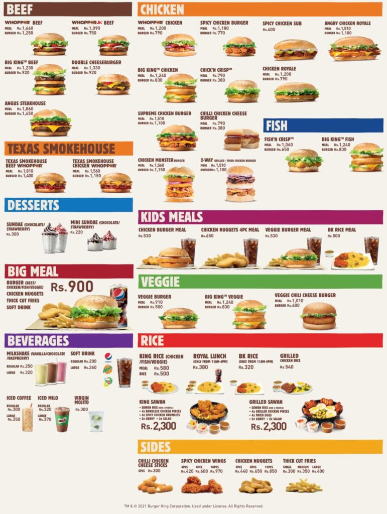 Burger King Srilanka Menu and Updated Prices