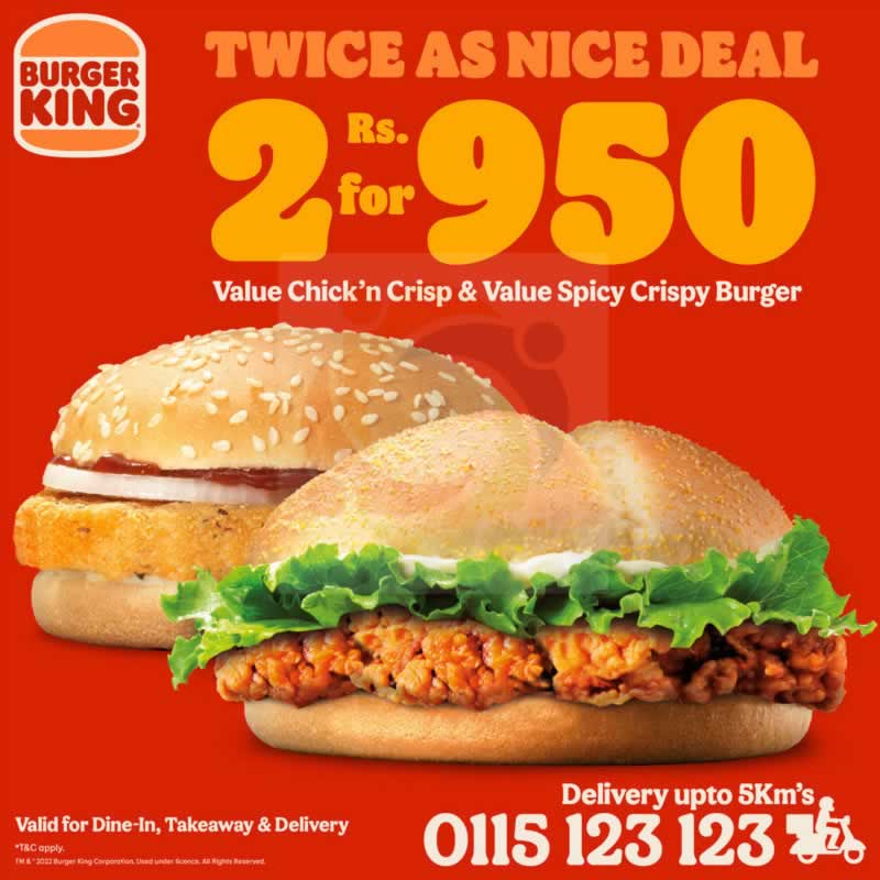 Burger King offers 2 Burger for LKR 950 Deal Till further notice